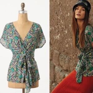 Anthropologie Odille Graphic Framework Green Blouse